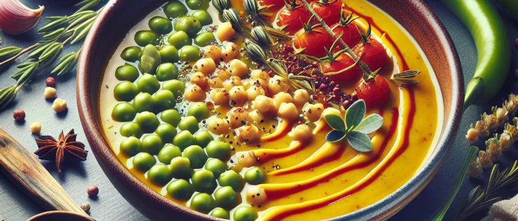 Variations of split pea soup in different packaging and settings