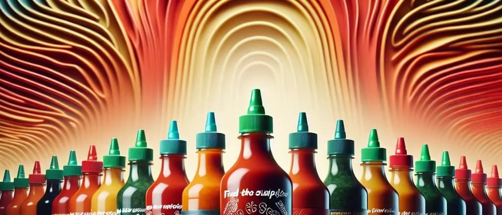 variations of Sriracha sauce bottles on a vibrant background