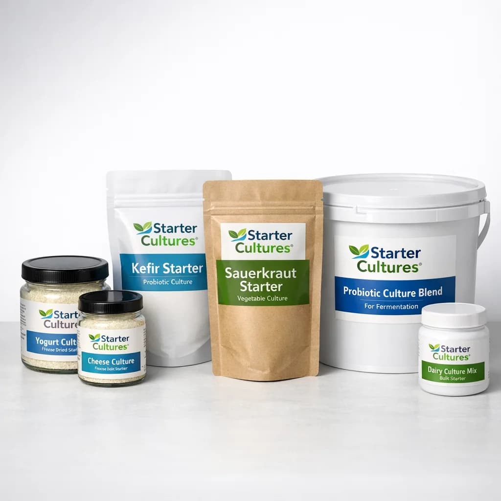 Starter Cultures in diverse packaging for B2B markets, showcasing bulk, private label, and wholesale options.