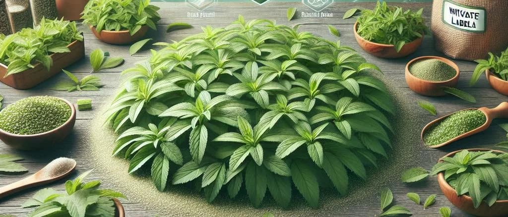 professional display of stevia leaves in various packaging on wooden background