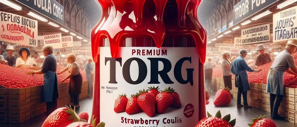 assorted strawberry coulis bottles with varying packaging on a professional display