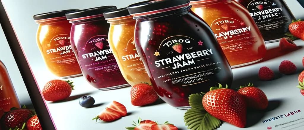 Assorted strawberry jam jars on a rustic wooden table