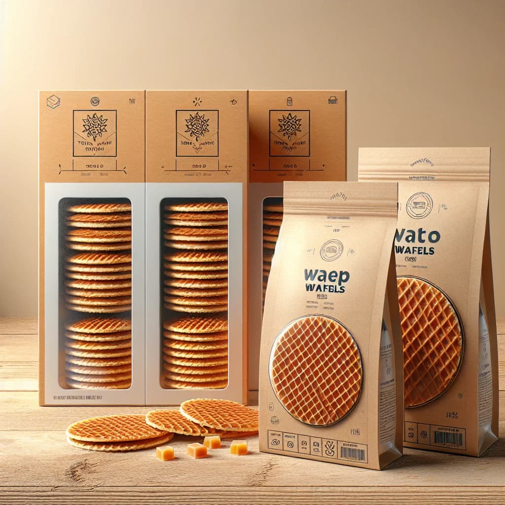 Stack of caramel-filled stroopwafels with customizable packaging on neutral background