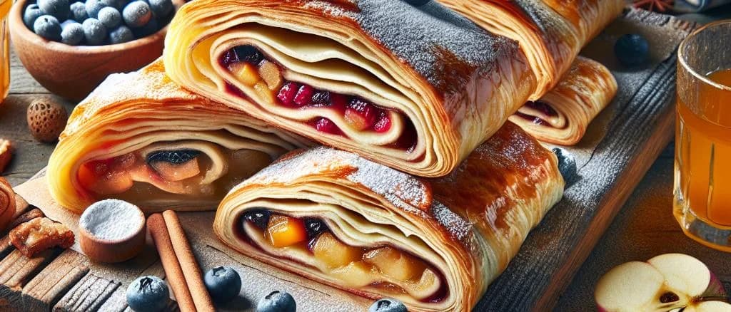 Assorted strudel varieties with varied fillings and pastry designs