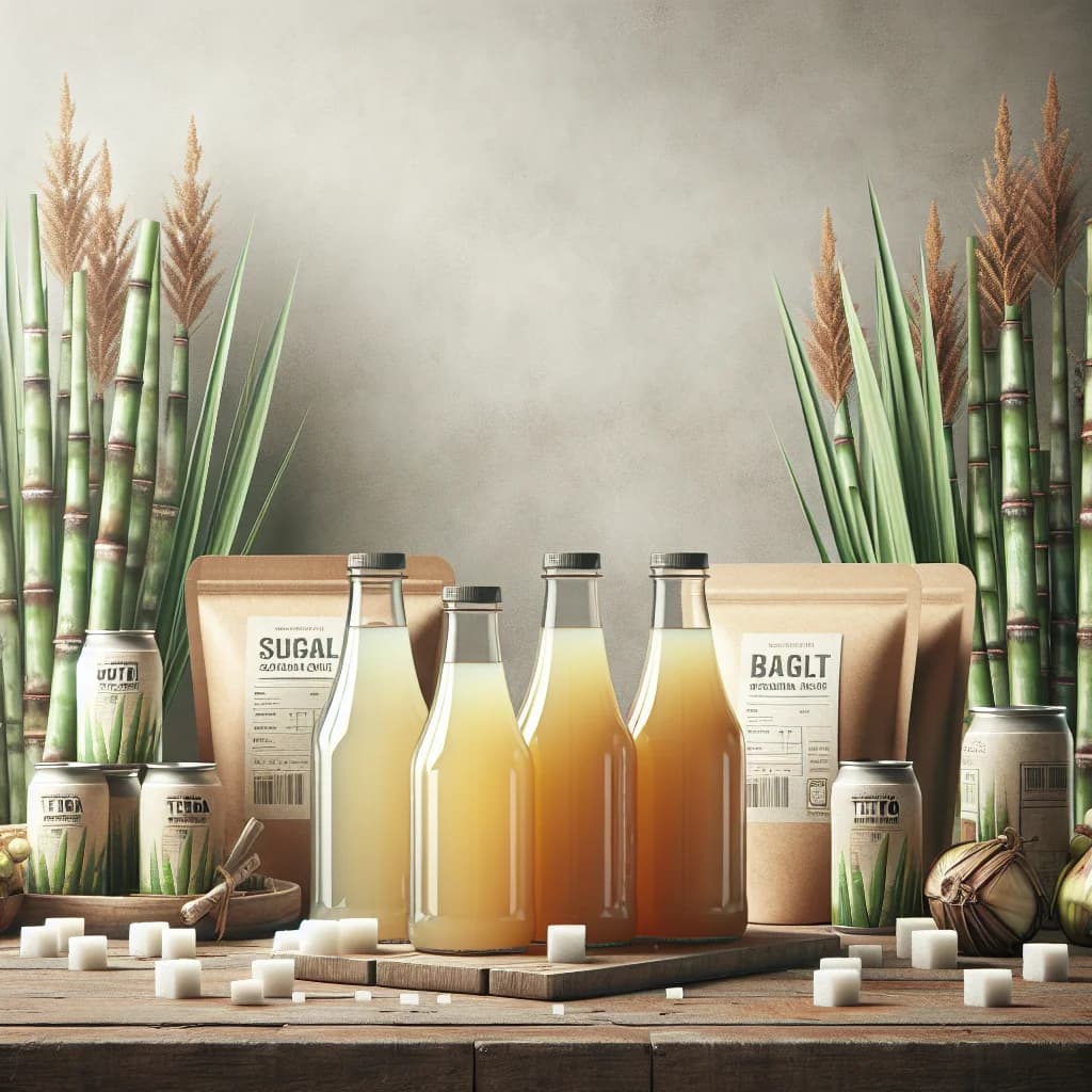 varieties of sugarcane juice bottles with sustainable packaging on a wooden background
