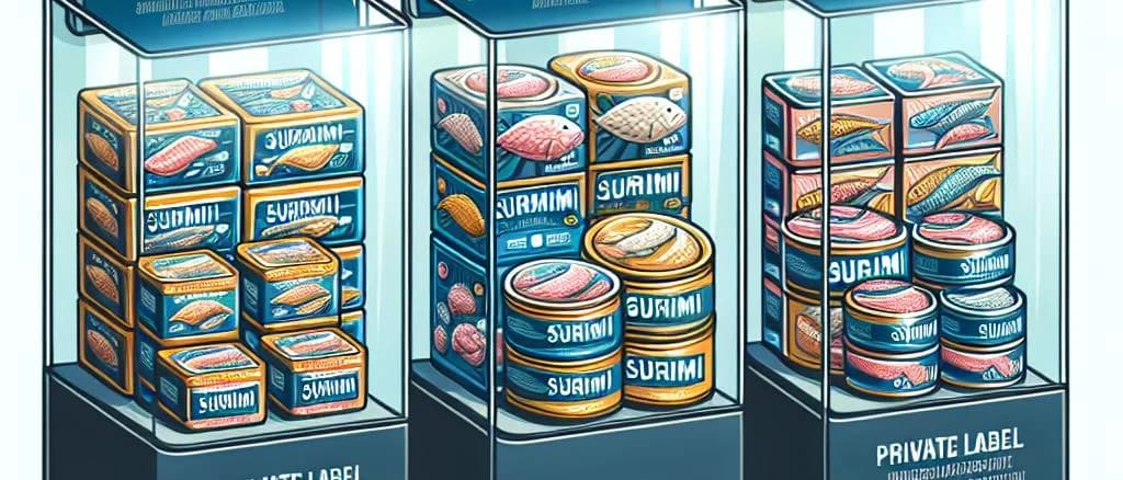 assorted surimi product variations on natural wooden background