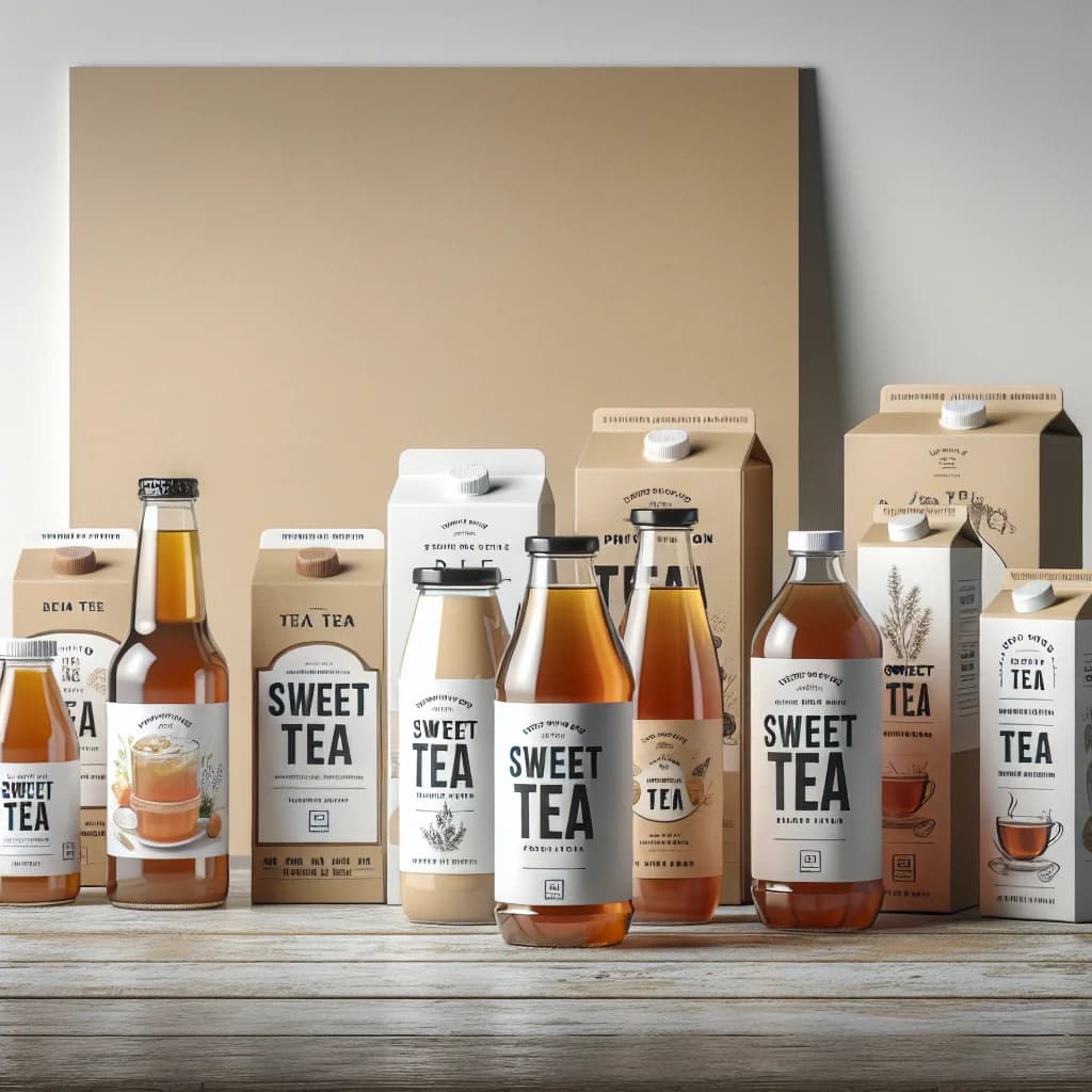 Various types of packaged sweet tea bottles and cartons on a wooden table with a clean, bright background