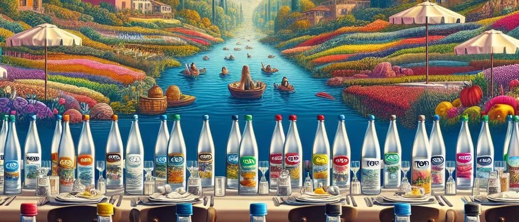 various bottled table waters with scenic natural background
