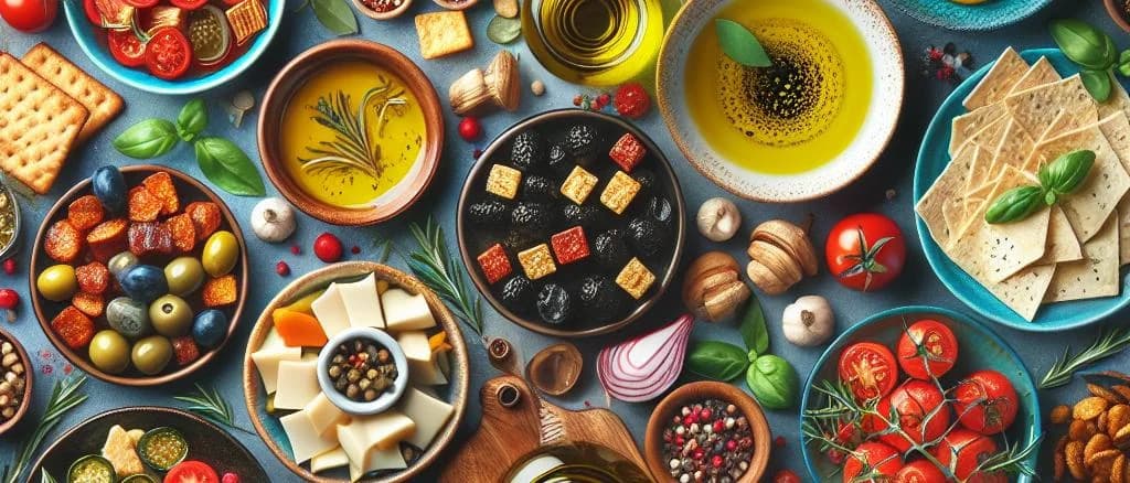 Assorted tapas with various ingredients in rustic settings