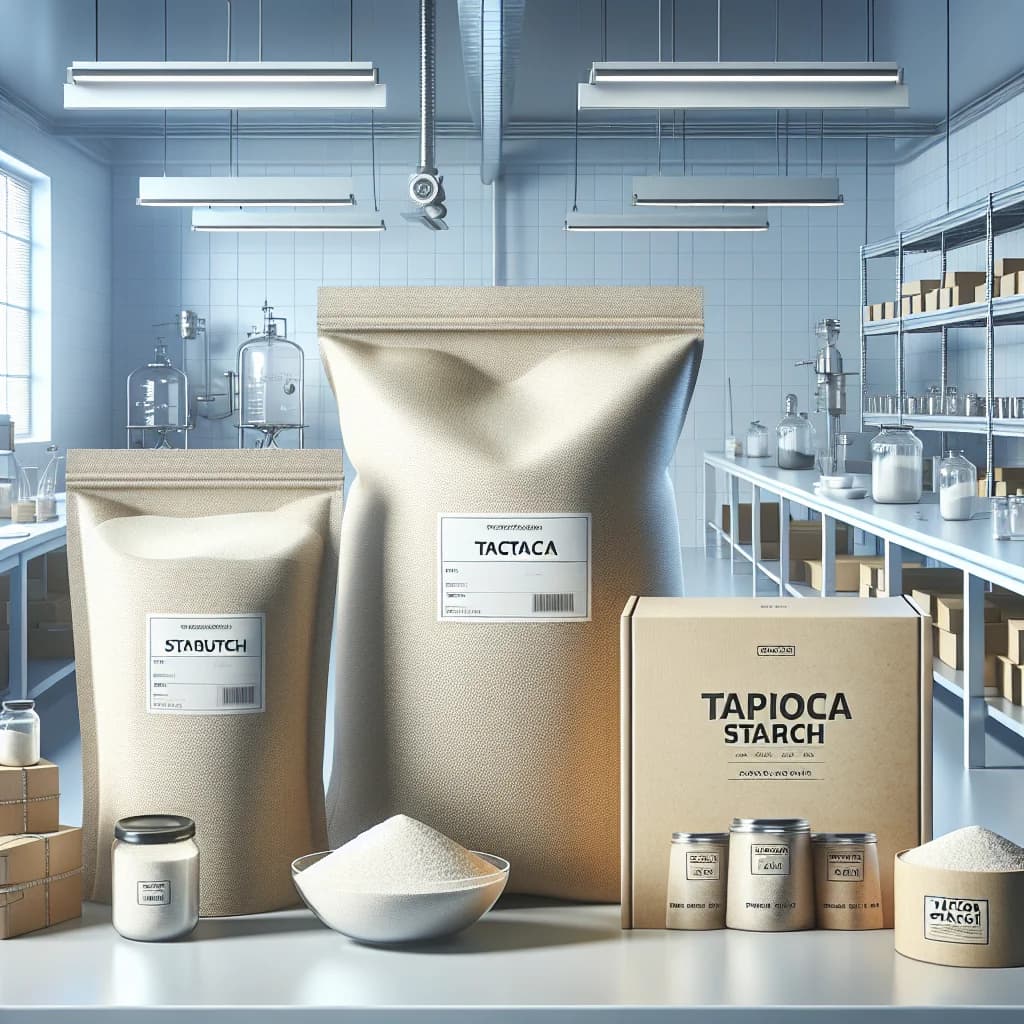 various tapioca starch packaging options on a clean background with bulk and wholesale options displayed