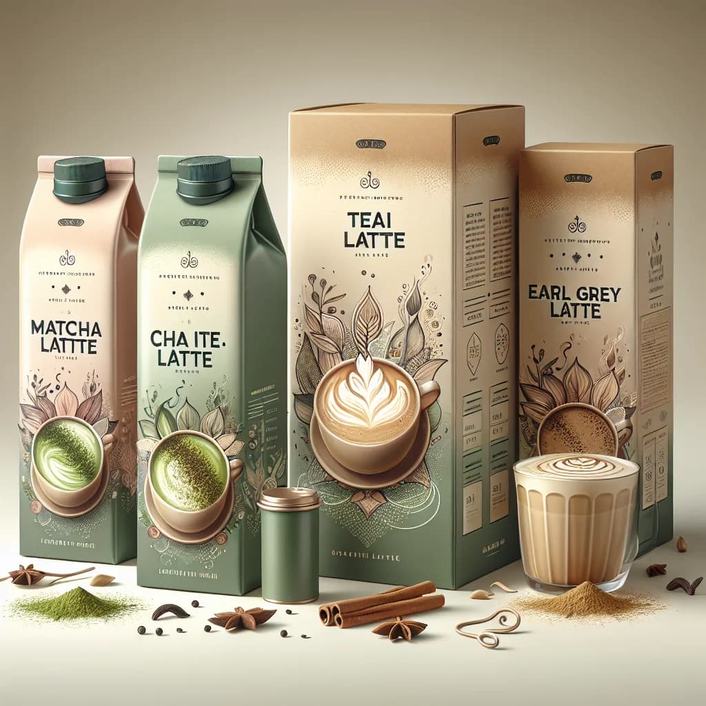 assorted tea latte packaging in different flavors, including matcha, chai, and earl grey, placed on a modern, minimalistic background