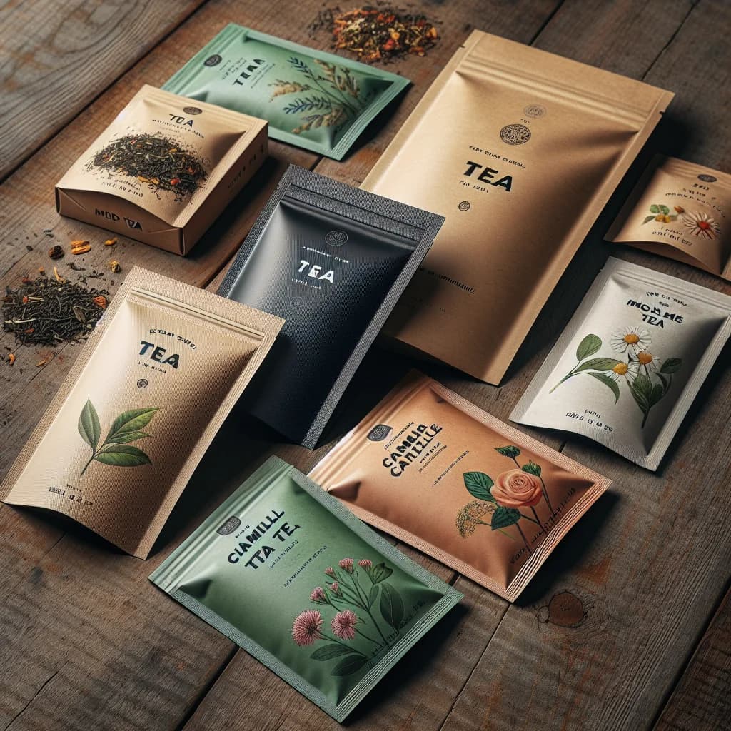 assorted tea sachets with eco-friendly packaging on a wooden background