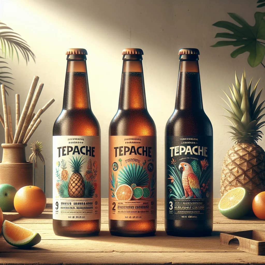 Tepache beverage bottles with various packaging styles on a vibrant background