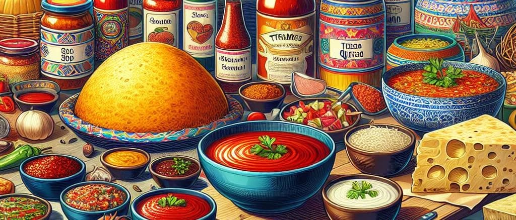 Texmex food products including salsa jars, corn tortillas, and chili spices in vibrant packaging on a wooden background