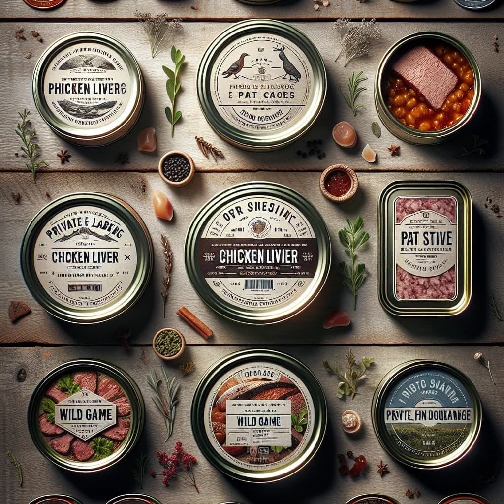 assorted tinned pate in premium packaging with a rustic background