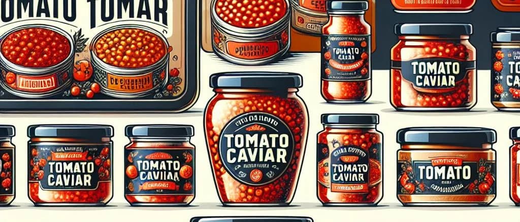 gourmet tomato caviar in varied packaging on a wooden background