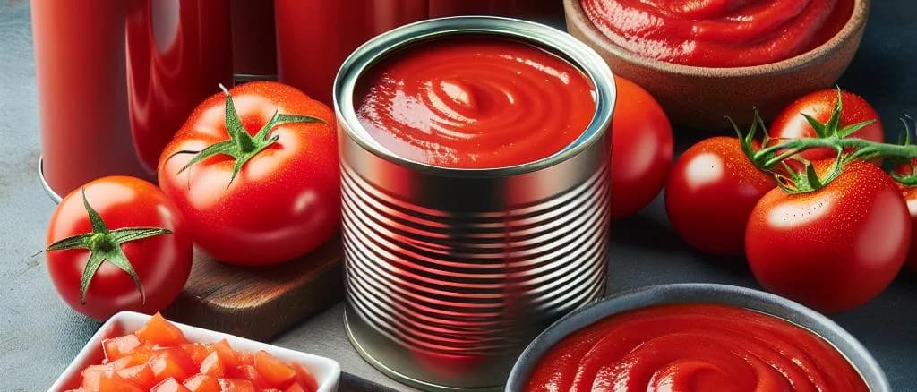 variety of tomato puree products in jars and cartons on a wooden countertop