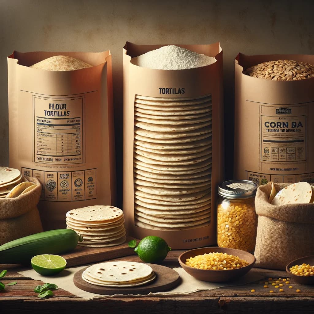 assorted tortilla variations with premium packaging on a wooden countertop