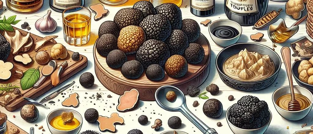 black and white truffle variations on wooden board