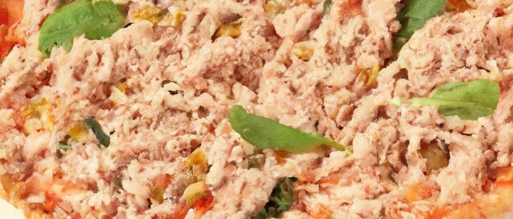 Tuna pizzas with various packaging and toppings displayed on rustic wooden table