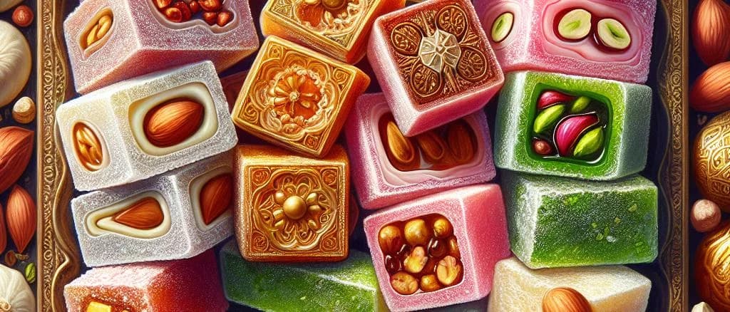 Assorted Turkish Delight on decorative plates with colorful variations