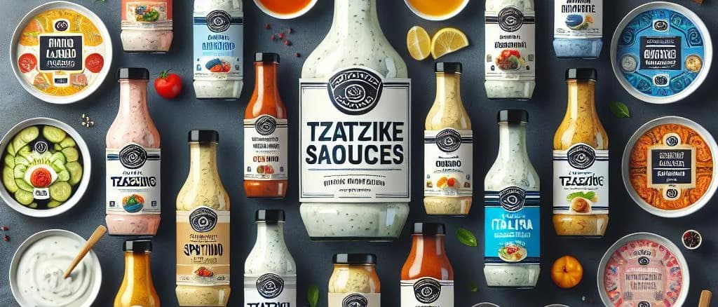 Tzatziki with various packaging options on a rustic wooden table