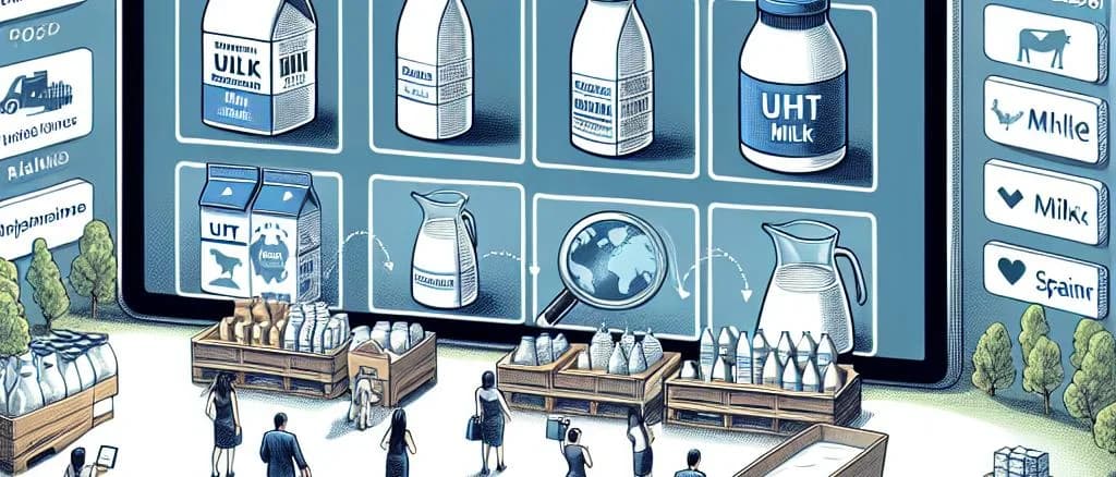 Assorted UHT milk cartons with various packaging designs and multiple flavors on a modern kitchen counter