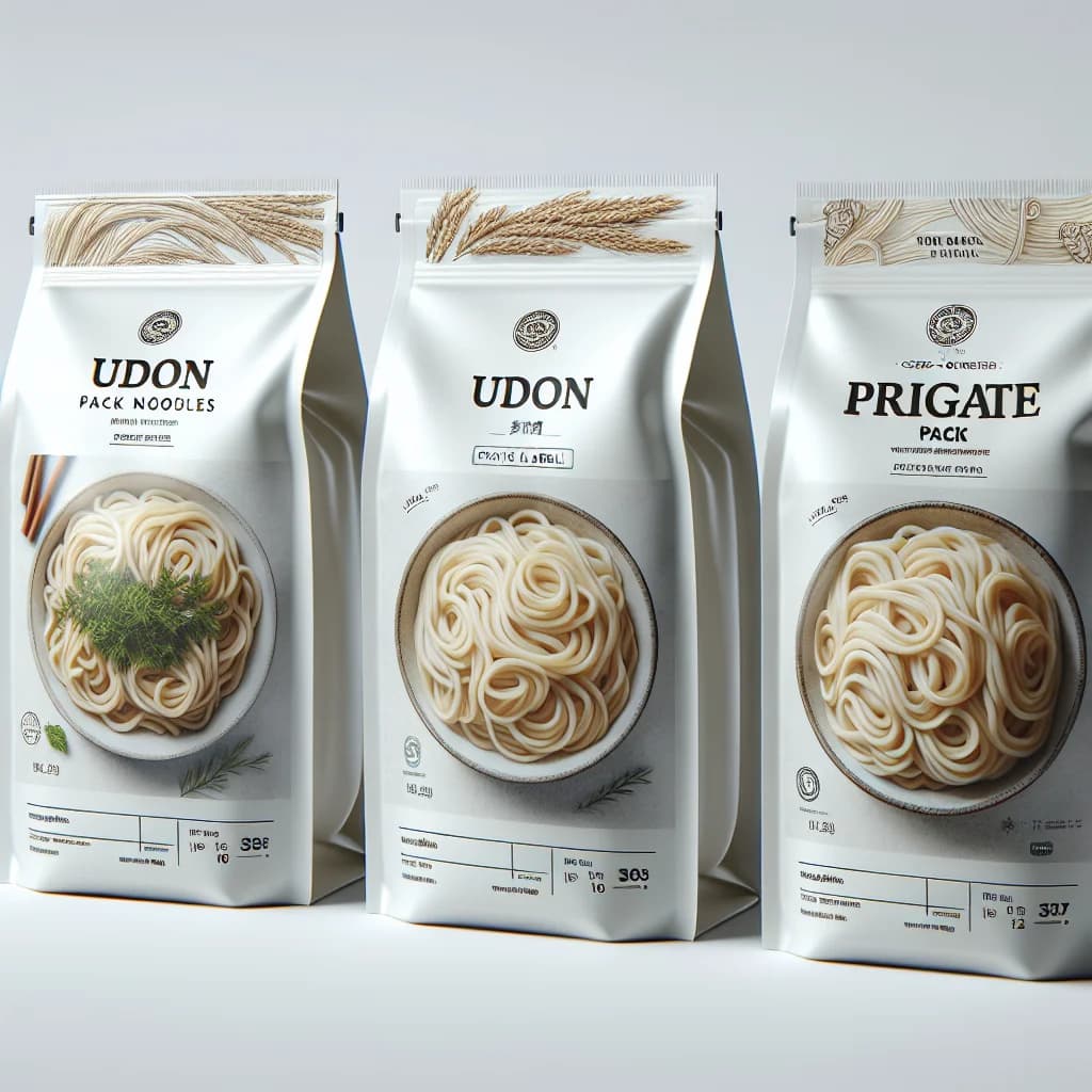 varieties of packaged udon noodles on minimalist background