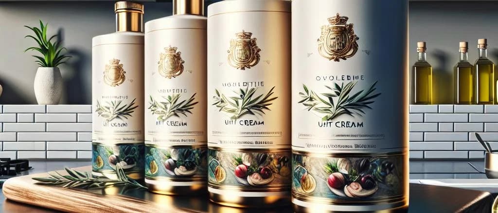 assortment of UHT cream packaging variations with minimalist backgrounds