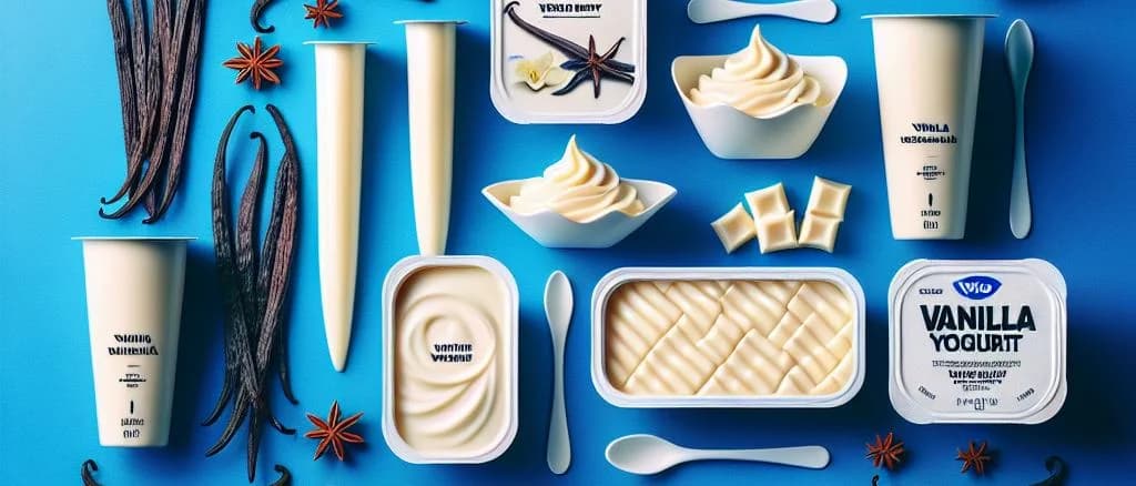 Assorted vanilla yogurt in various packaging on a wooden table