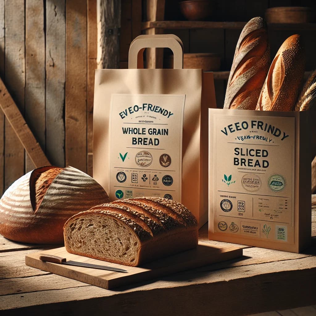 vegan bread assortment in different packaging on rustic wooden background