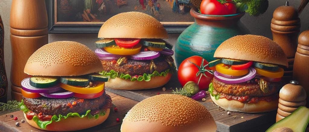 Vegan burgers displayed with diverse packaging options and a plant-based ingredients background