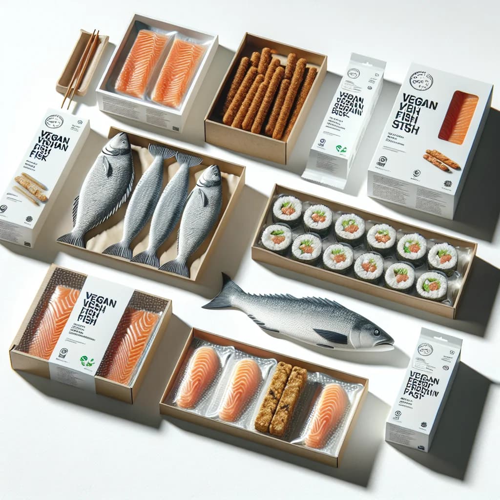 variety of vegan fish products in eco-friendly packaging on a clean white background