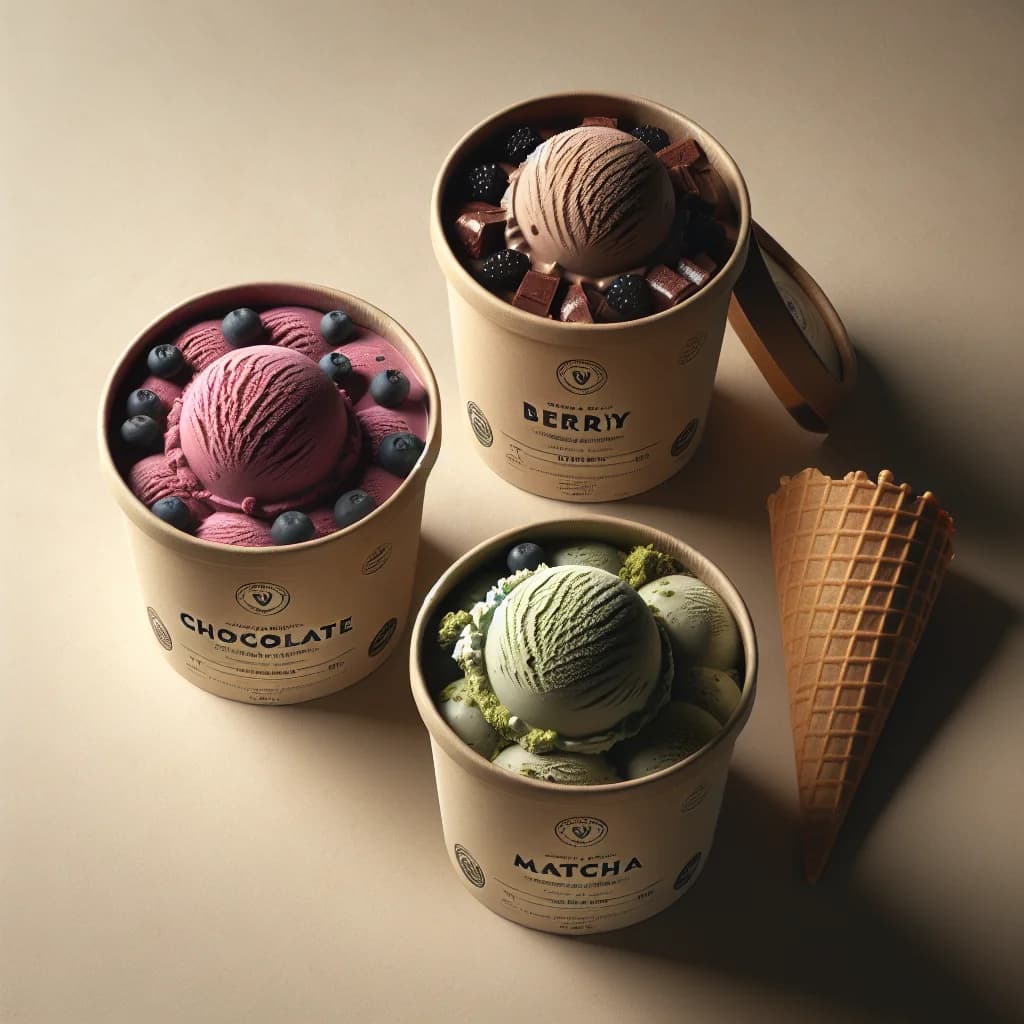 vegan ice cream tubs and cones in various flavors, set against a minimalist background