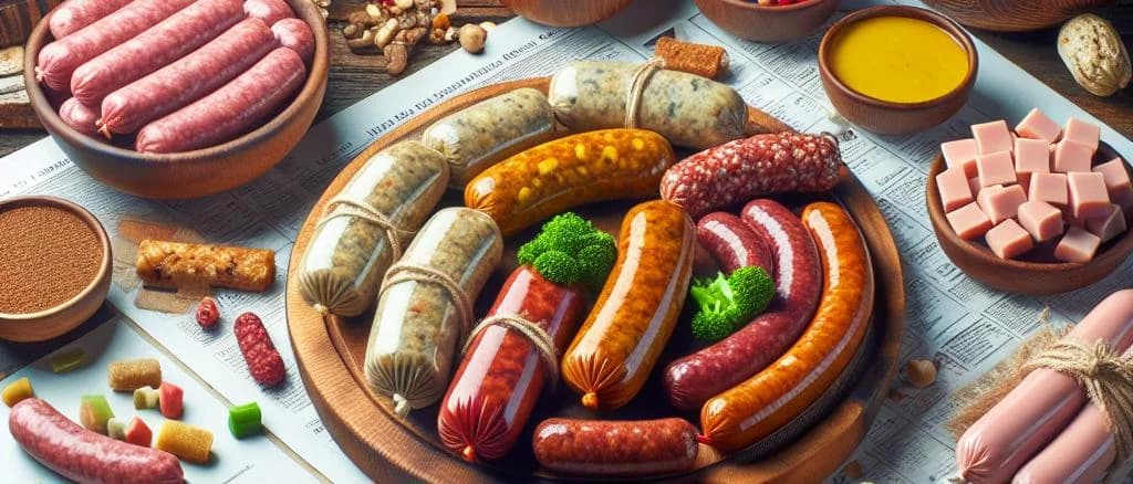 Vegan sausages in various packaging on wooden background