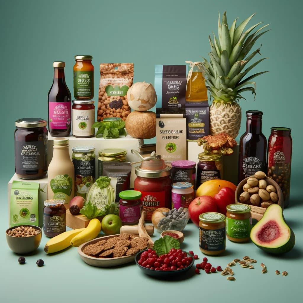 assorted vegan food products with sustainable packaging on a wooden background