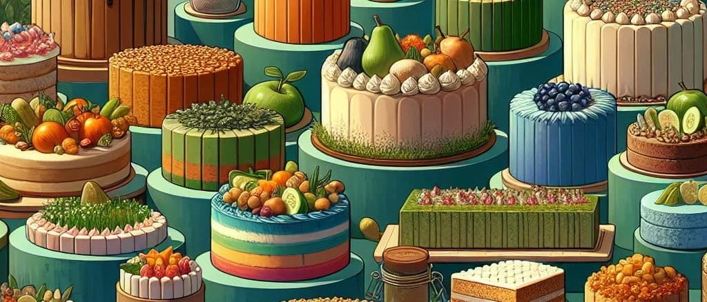 assorted vegetable cakes on a rustic wooden table with vibrant ingredients