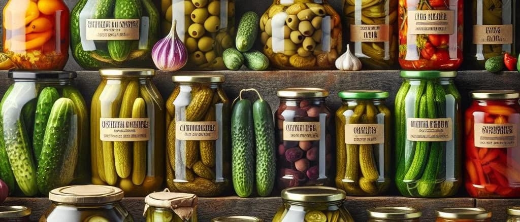 various vegetable pickles in assorted jars with colorful labels on wooden tabletop