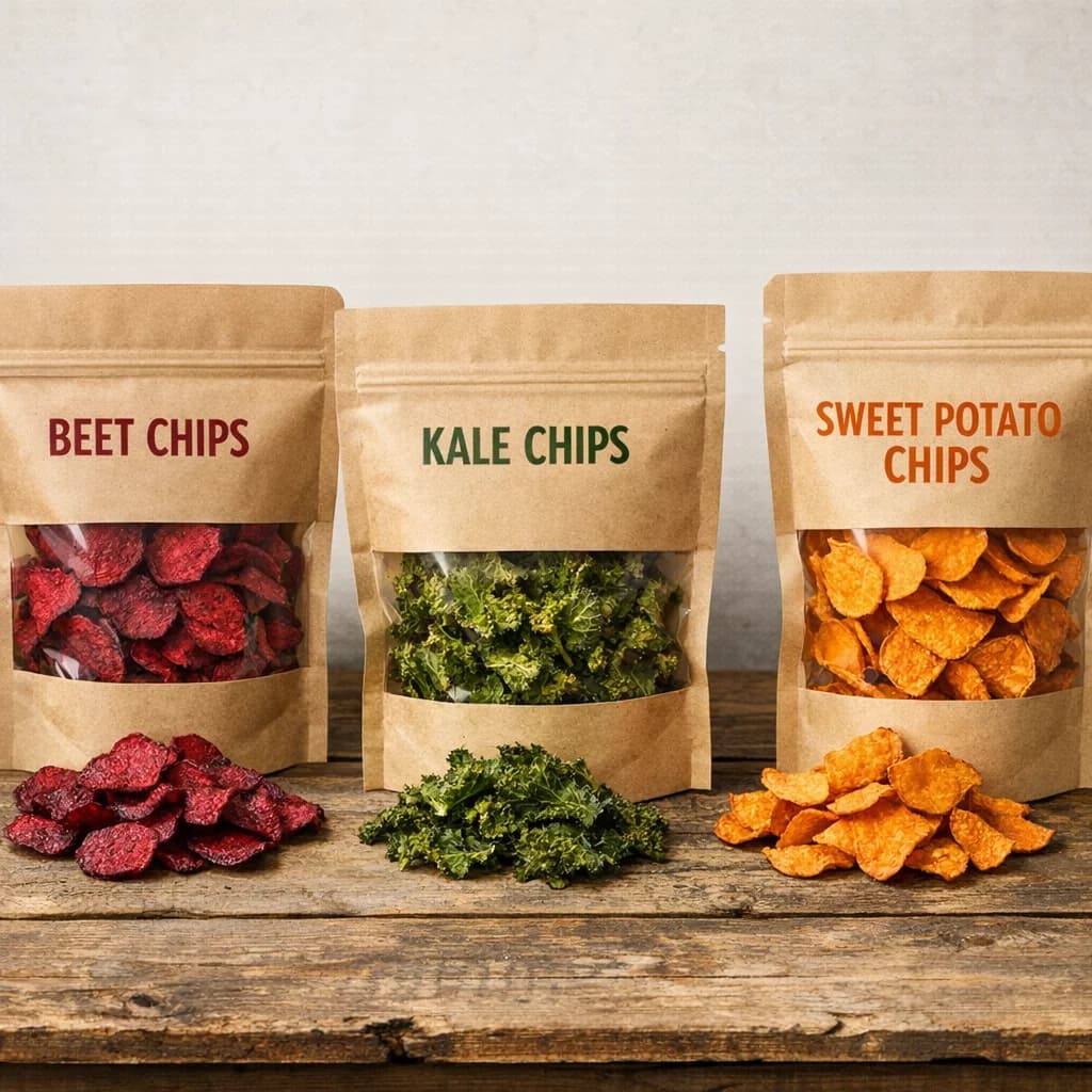 Colorful assortment of vegetable chips in various packaging on a rustic background