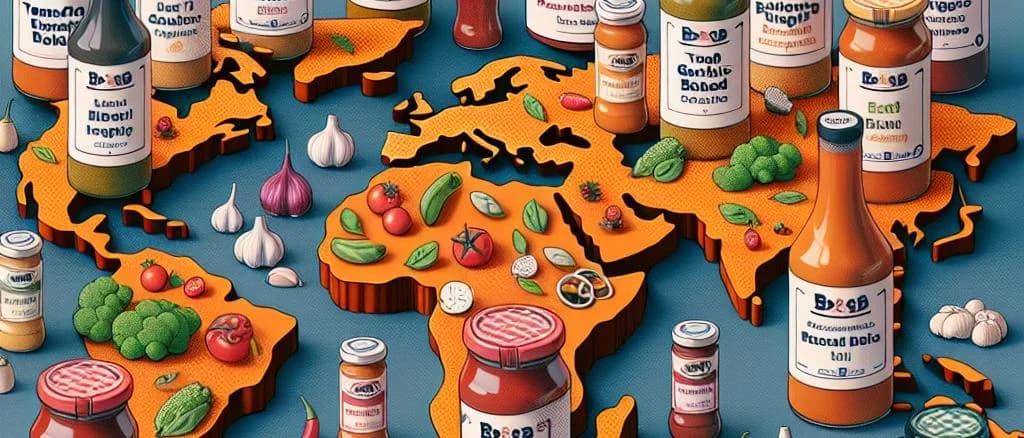 Assorted vegetarian sauces in glass jars with various vibrant colors and labels, set against a neutral background