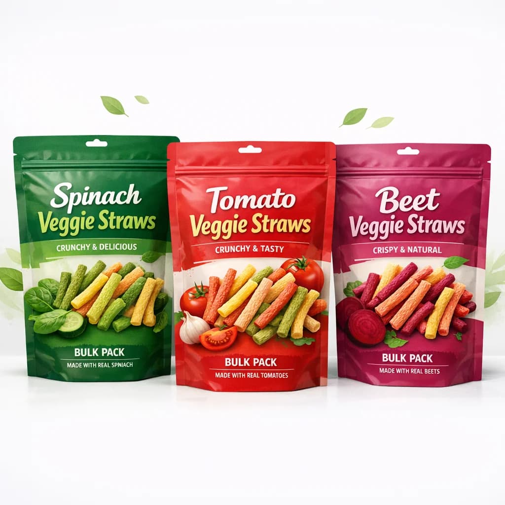 Various veggie straws in colorful packaging with a clean white background and a vibrant, eco-friendly aesthetic.