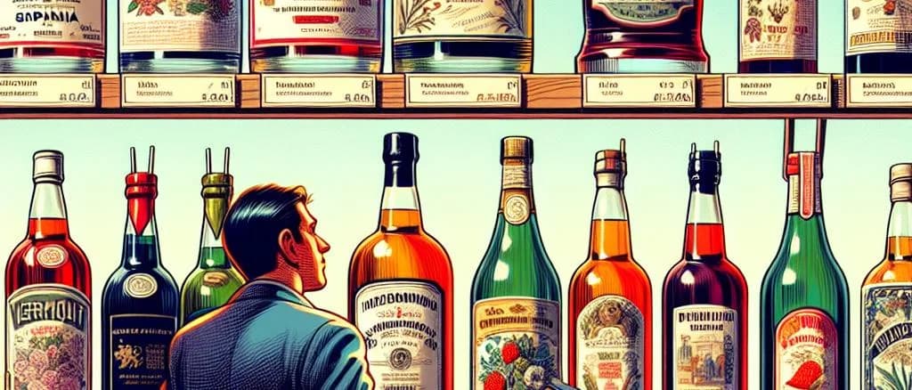 Assorted vermouth bottles with elegant labels against a rustic background