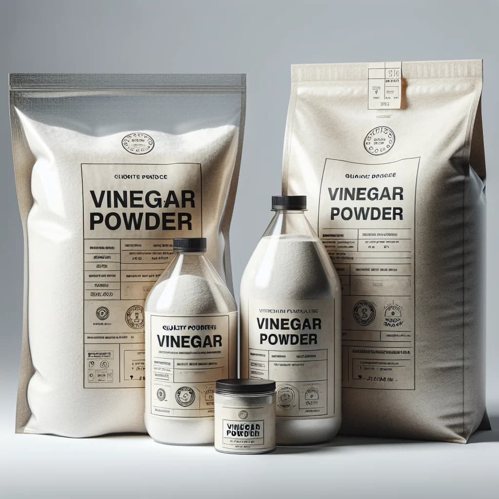 vinegar powder in various packaging options displayed on a clean white background with bulk and private label options