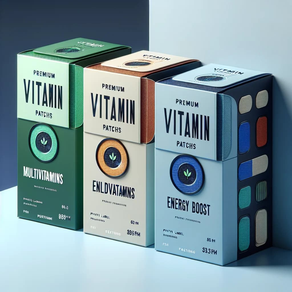 variety of vitamin patches in sleek packaging with vibrant backgrounds