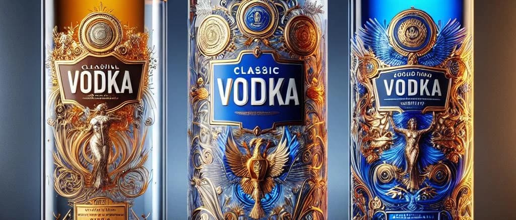 Assortment of various vodka bottles with diverse packaging on plain background