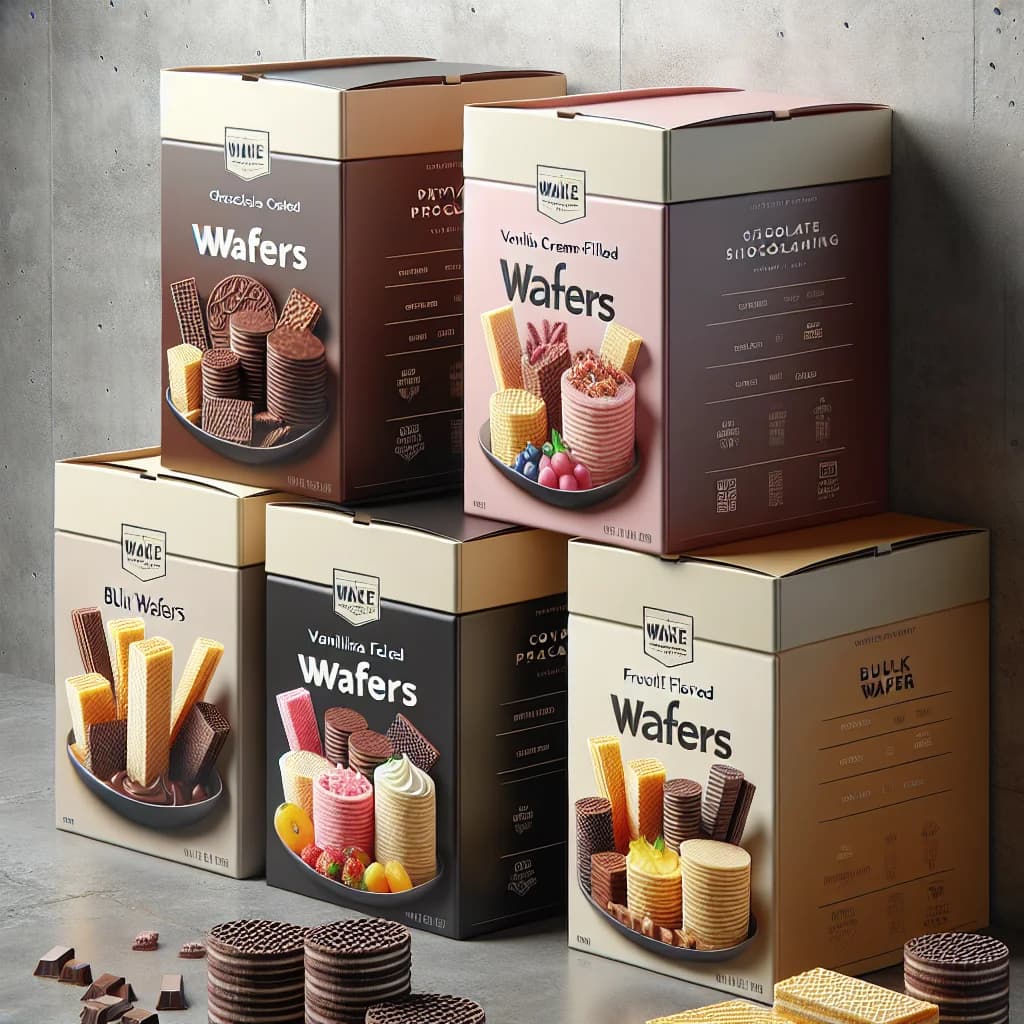 assorted wafer varieties with packaging in bulk and wholesale formats on a modern surface