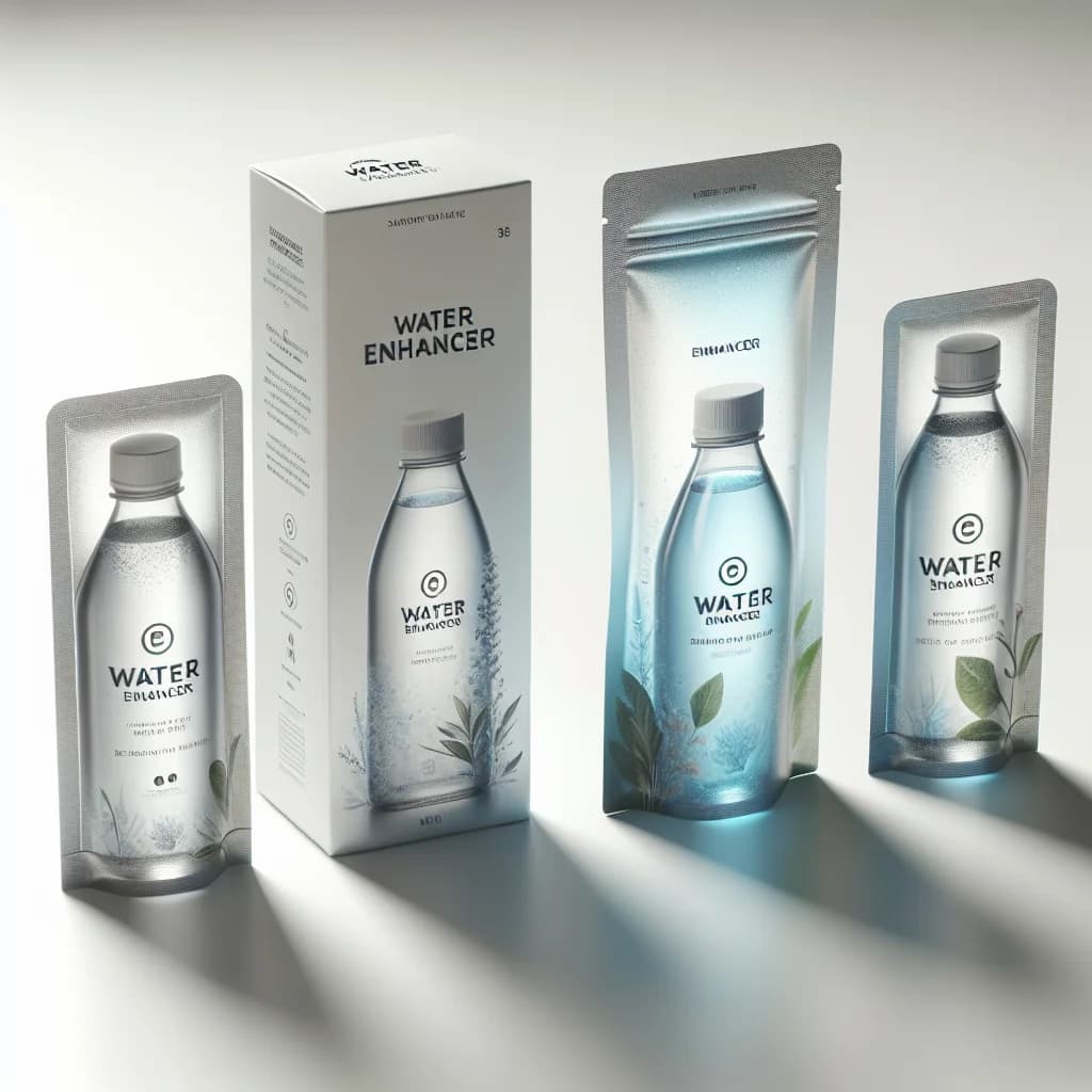 variety of water enhancer packaging in sleek bottles and sachets on a clean, minimalist background