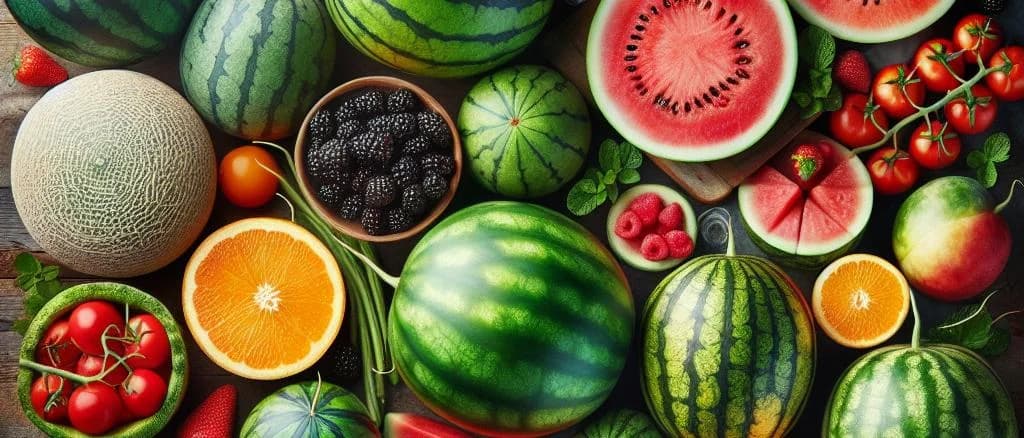 Various watermelon varieties on a rustic wooden table