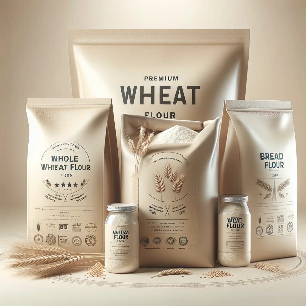 premium wheat flour packaging options for B2B sourcing, displayed with different flour types in clean minimalistic background