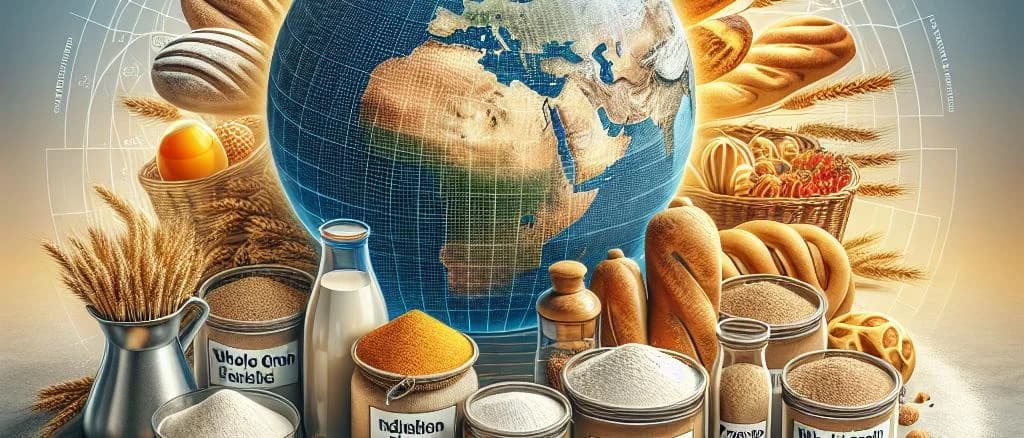 Various high-quality wheat flours with distinct packaging on a rustic wooden table